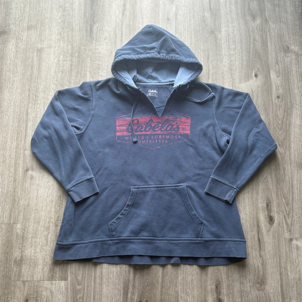 Cabelas Mens 2XL Navy Blue Graphic Hoodie Worlds Foremost Outfitter Sweatshirt